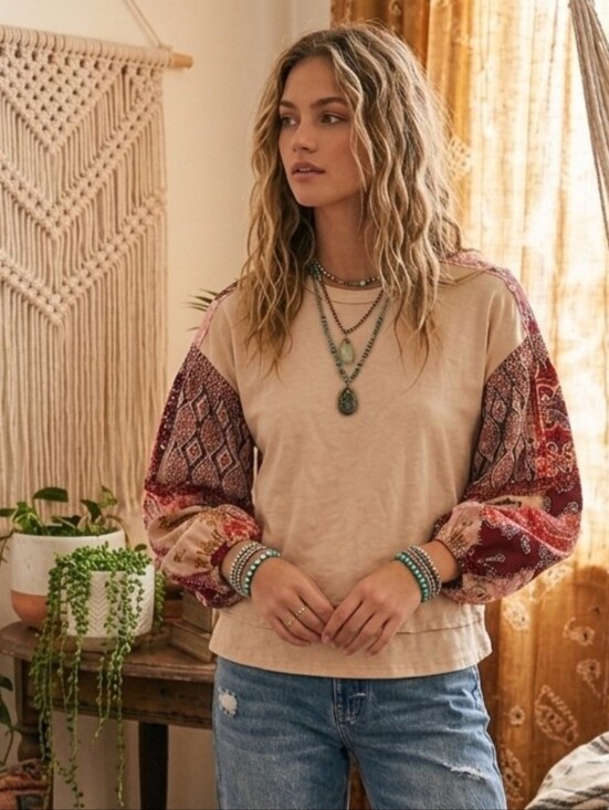 easel Tops - easel Boho Patchwork Bubble Sleeve Top